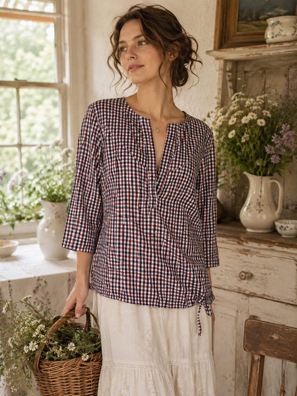 Sunhee Moon Gingham Peasant Blouse Side Tie Boho Cottagecore Size 1 or US Small